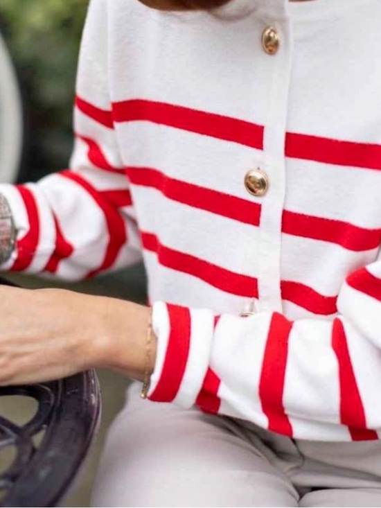 Smash + Tess Sweaters - Smash + Tess White Cardigan with Red Stripes and Gold Buttons size xl/xxl
